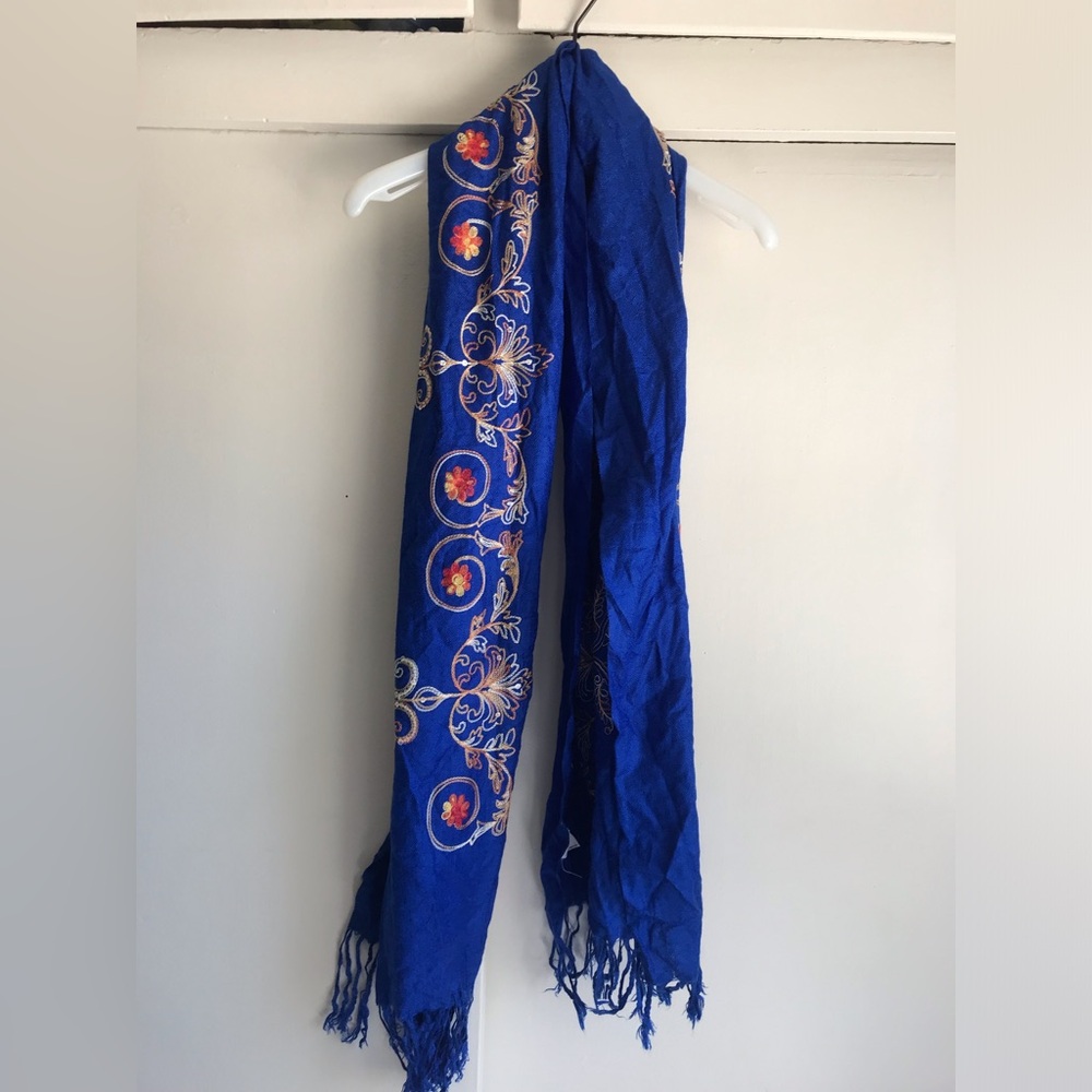 Blue Embroidered Fabric with Floral Design